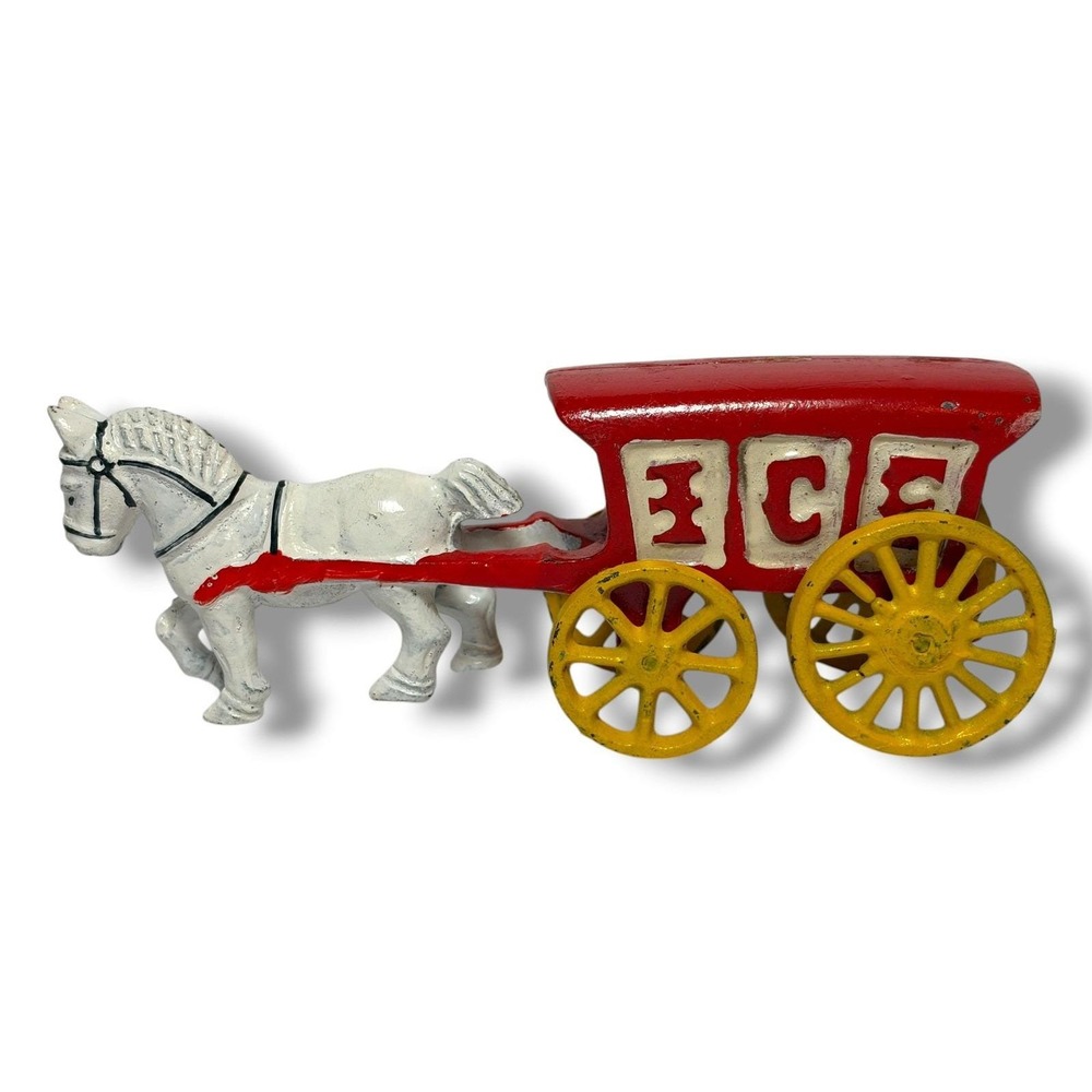 Vintage Cast Iron Horse Drawn Carriage Ice Cart Truck Wagon Red White